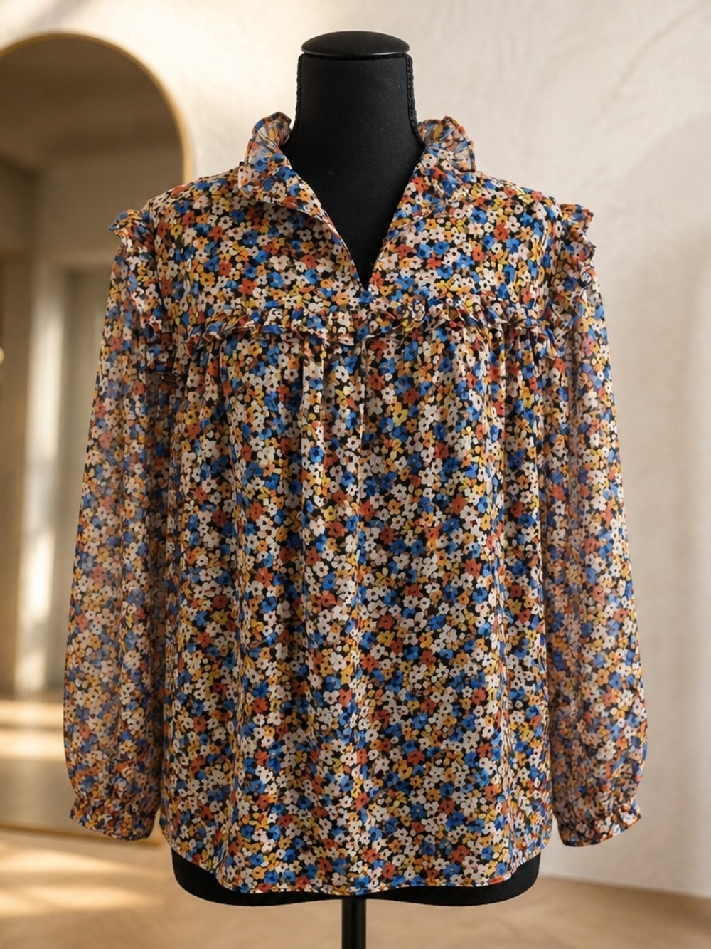Ann Taylor Multi-Color Floral Ruffle Yoke Blouse